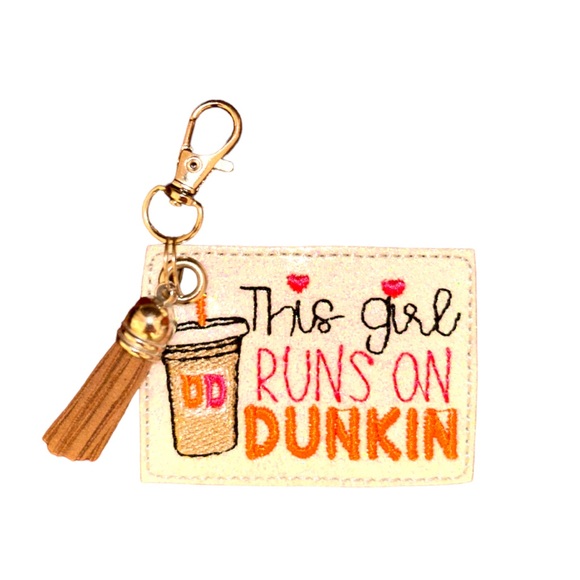 NEW Embroidered “This Girl Runs On DUNKIN” Coffee Faux Leather Keychain - Picture 4 of 5